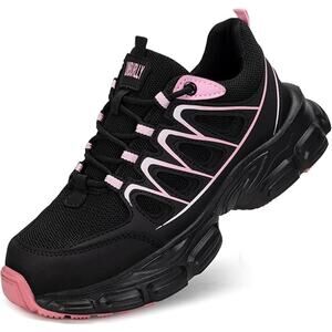Umburlly Womens 5.5 Black Pink Steel Toe Lace Up Non Slip Composite Work Shoes